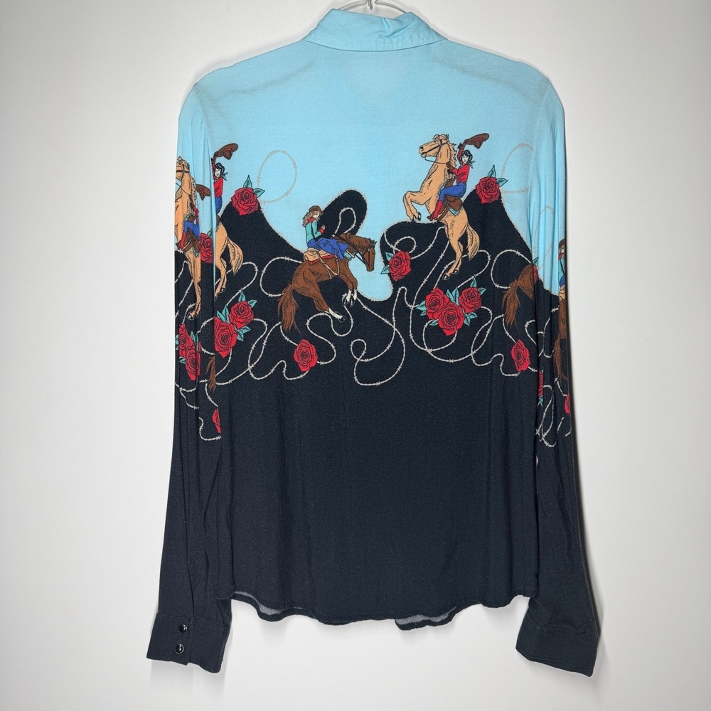 Roper Cowgirl Rider Western Shirt Blue Black Rayon - See measurements - Picture 6 of 10